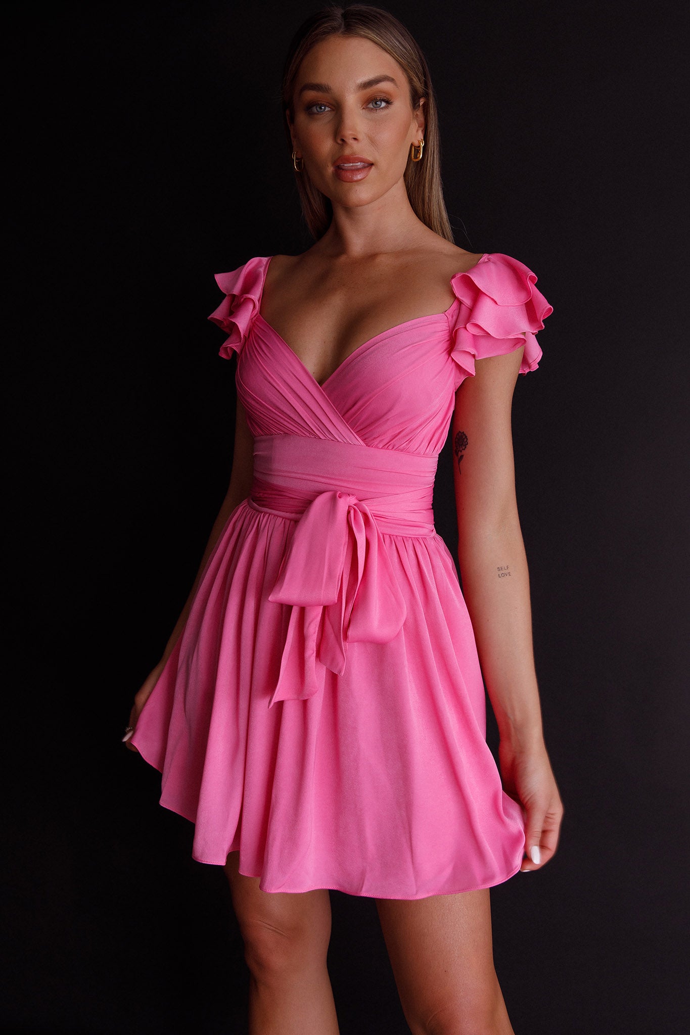 Shop the Lola Ruffle Shoulder Ruched Dress Hot Pink
