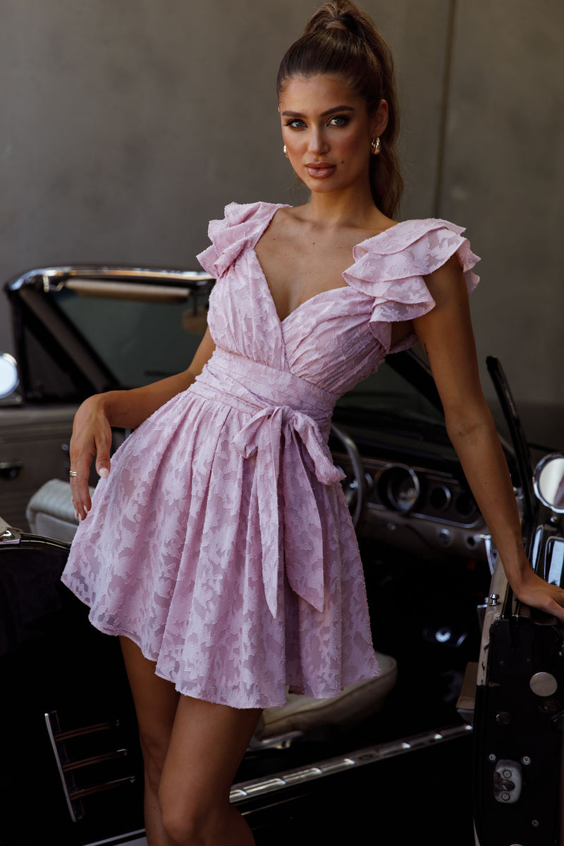 Shop the Lola Ruffle Shoulder Ruched Dress Textured Blush | Selfie Leslie