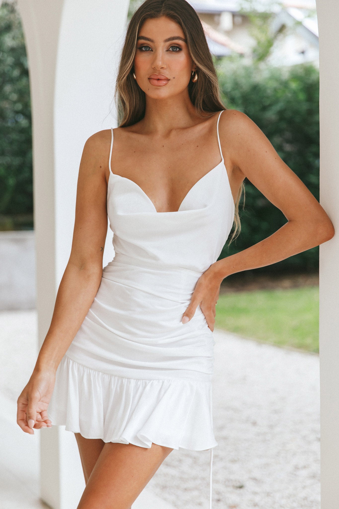 White Mini Dress Sleeveless Cowl Neck Corset Waist Satin