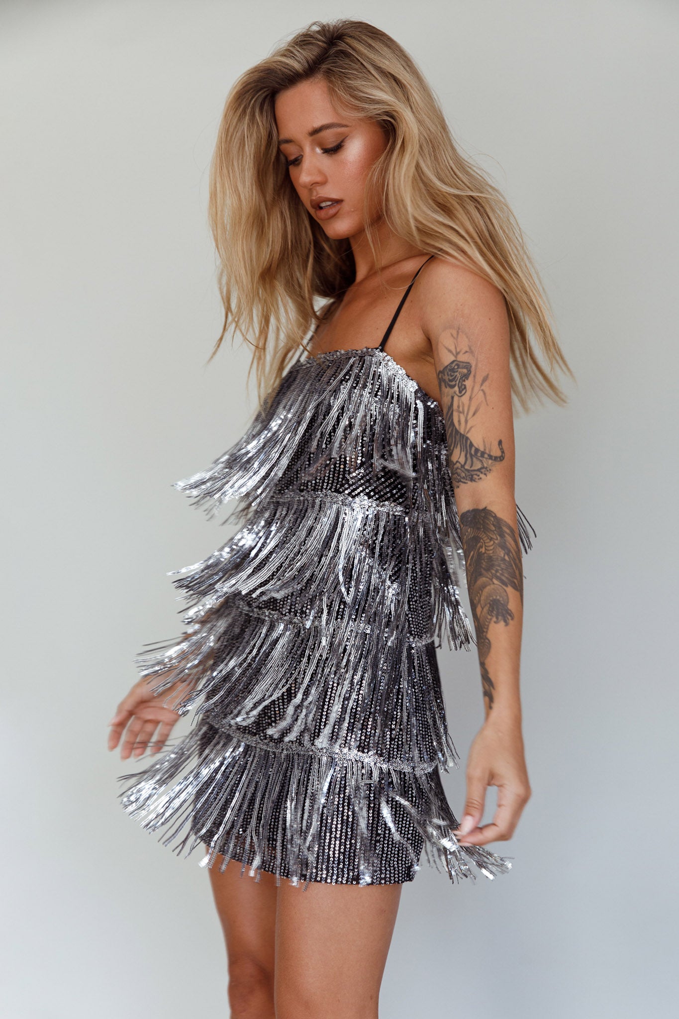 Free from Label Layered Sequin Fringe Mini Dress White 01 / L