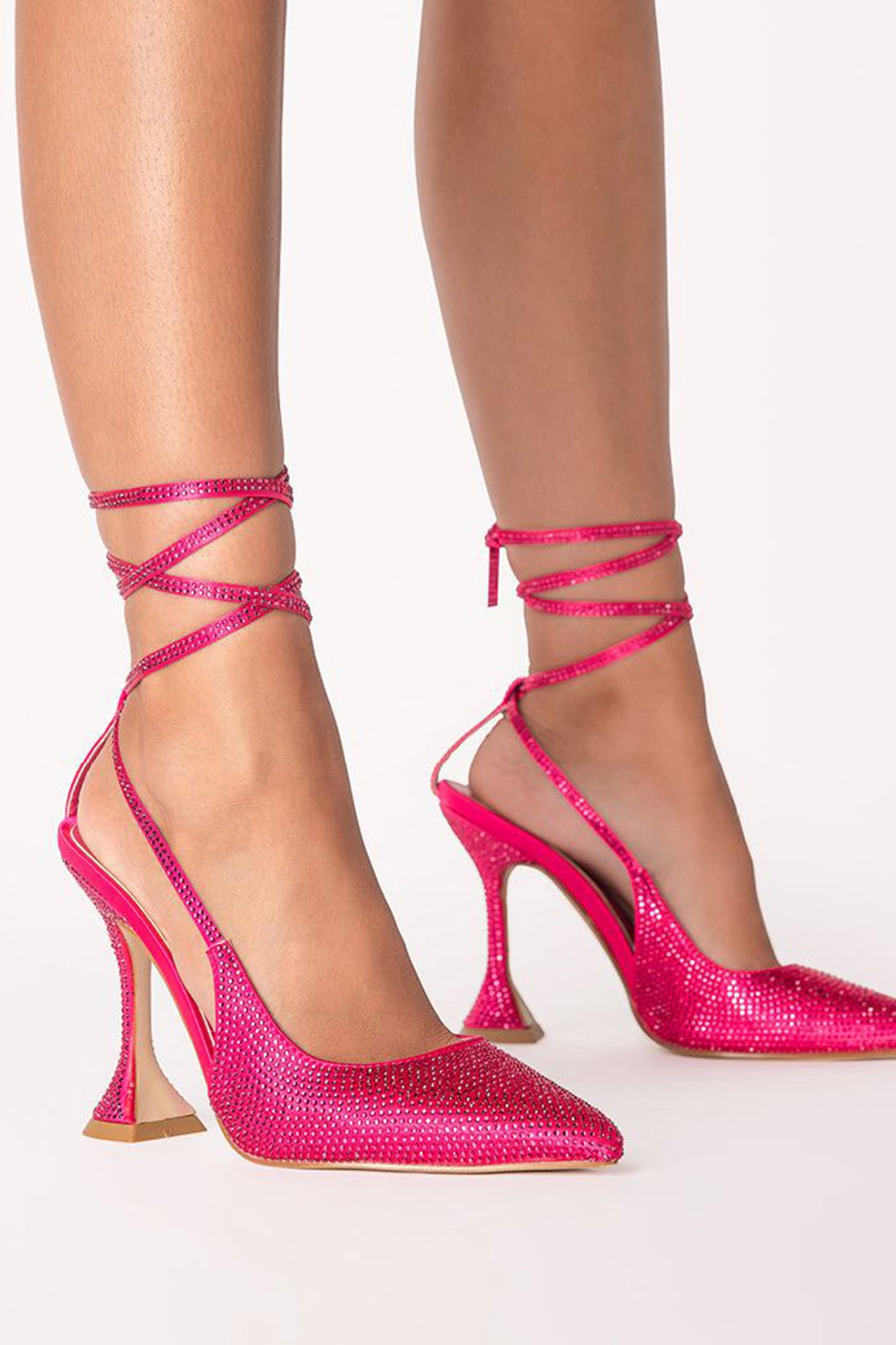 Shop the BiLLiNi Kahara High Flared Diamante Stilettos Raspberry Satin Selfie Leslie