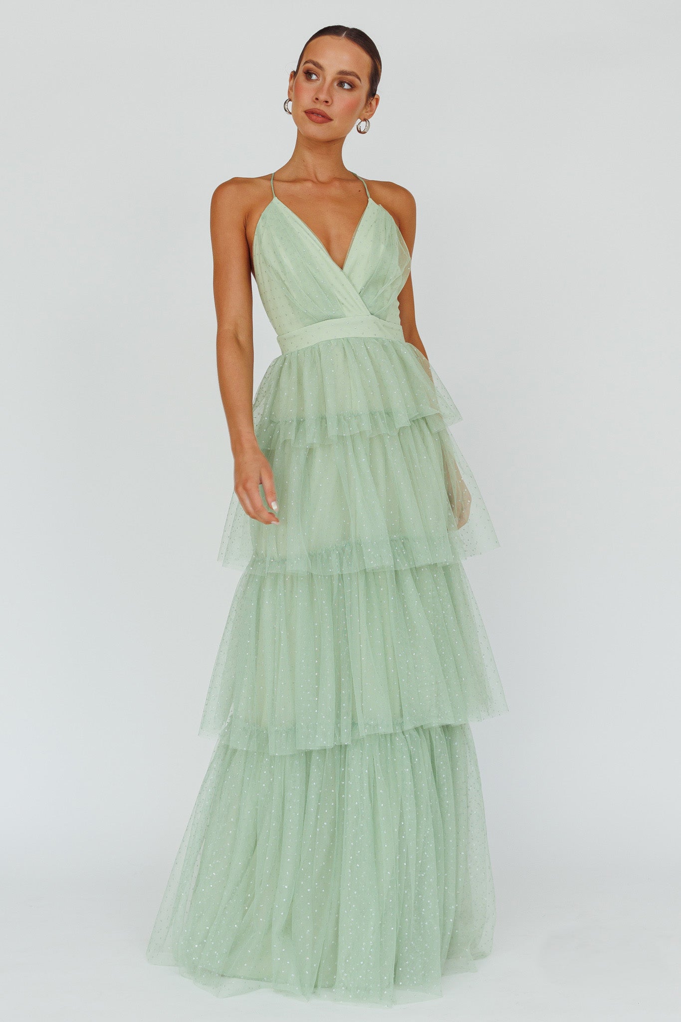 Shop the Seylah Tiered Frill Maxi Dress Glitter Sage | Selfie Leslie