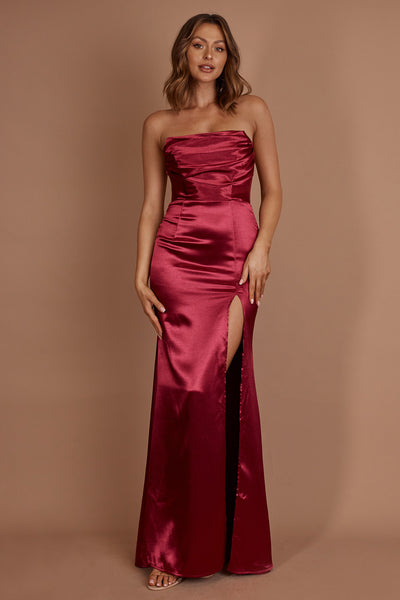 Shop the Kalisa Strapless Thigh Split Maxi Dress Burgundy