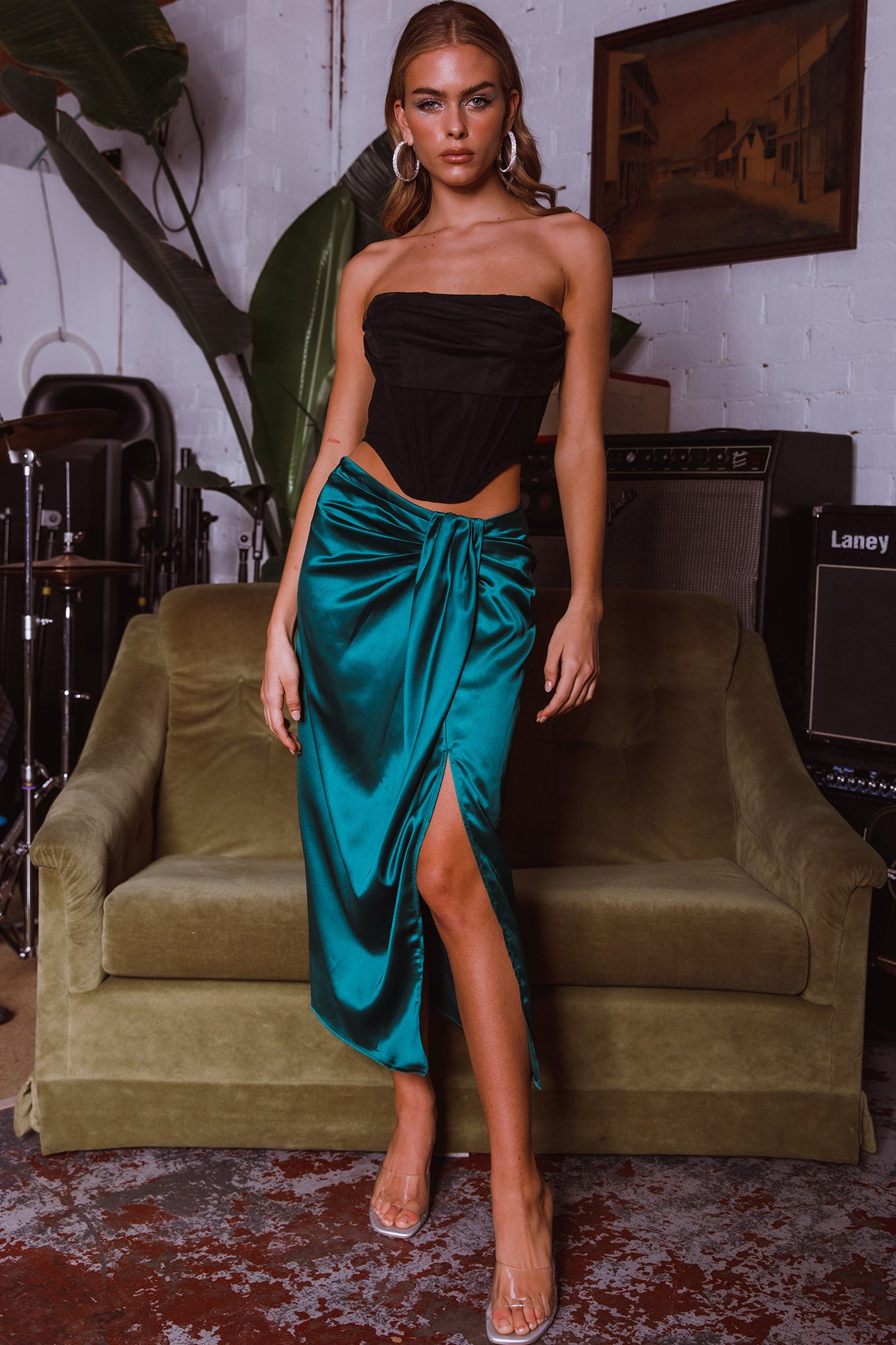 Shop the On The Money Gathered Midi Skirt Green | Selfie Leslie