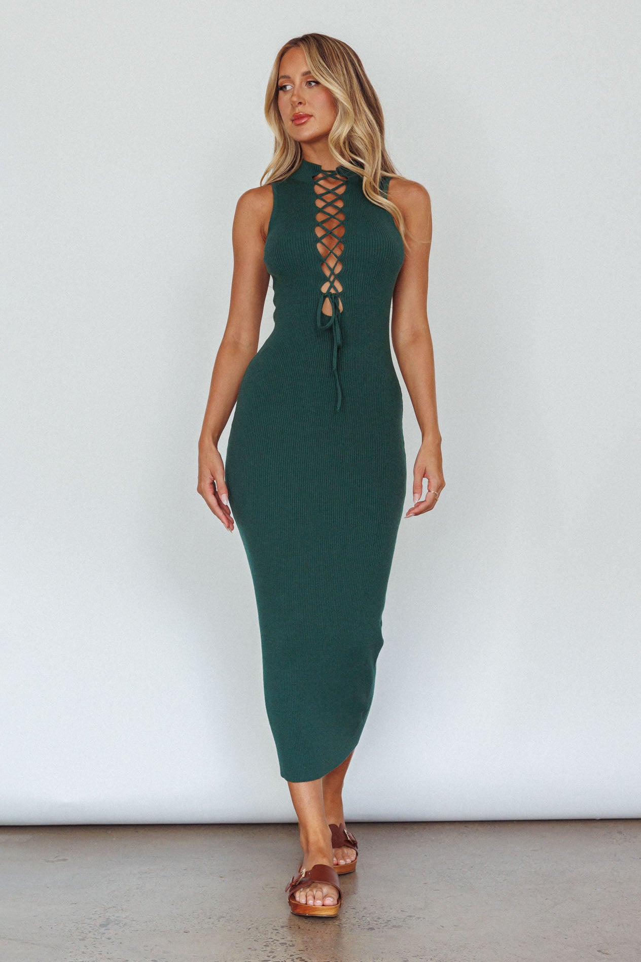 Shop the Brand New Day Lace-Up Bust Knit Midi Dress Emerald ...