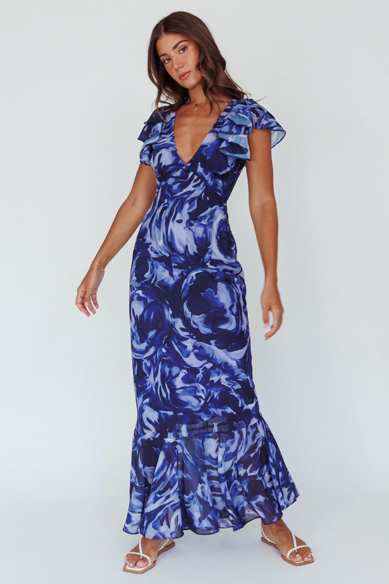 Shop the Lydiah Ruffle Sleeve Maxi Dress Floral Blue | Selfie Leslie