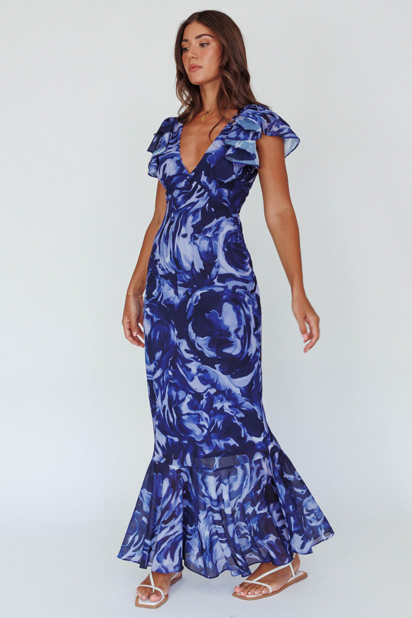 Larissa Navy Blue Paisley Print Chiffon Long Sleeve Midi Dress