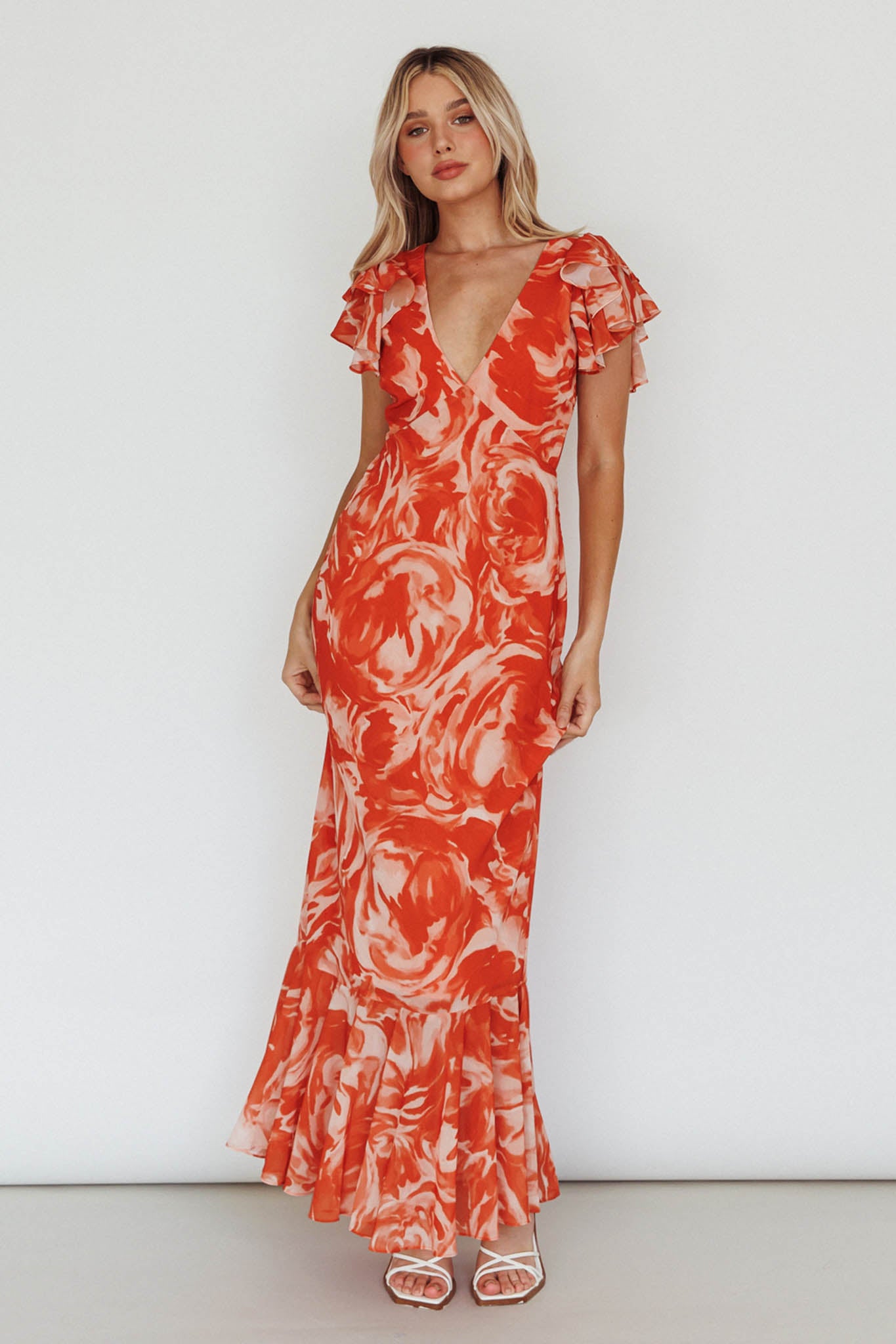 Selfie LESLIE Women s Dresses Lydiah Ruffle Sleeve Maxi Dress Floral Orange S by Selfie LESLIE Clearance
