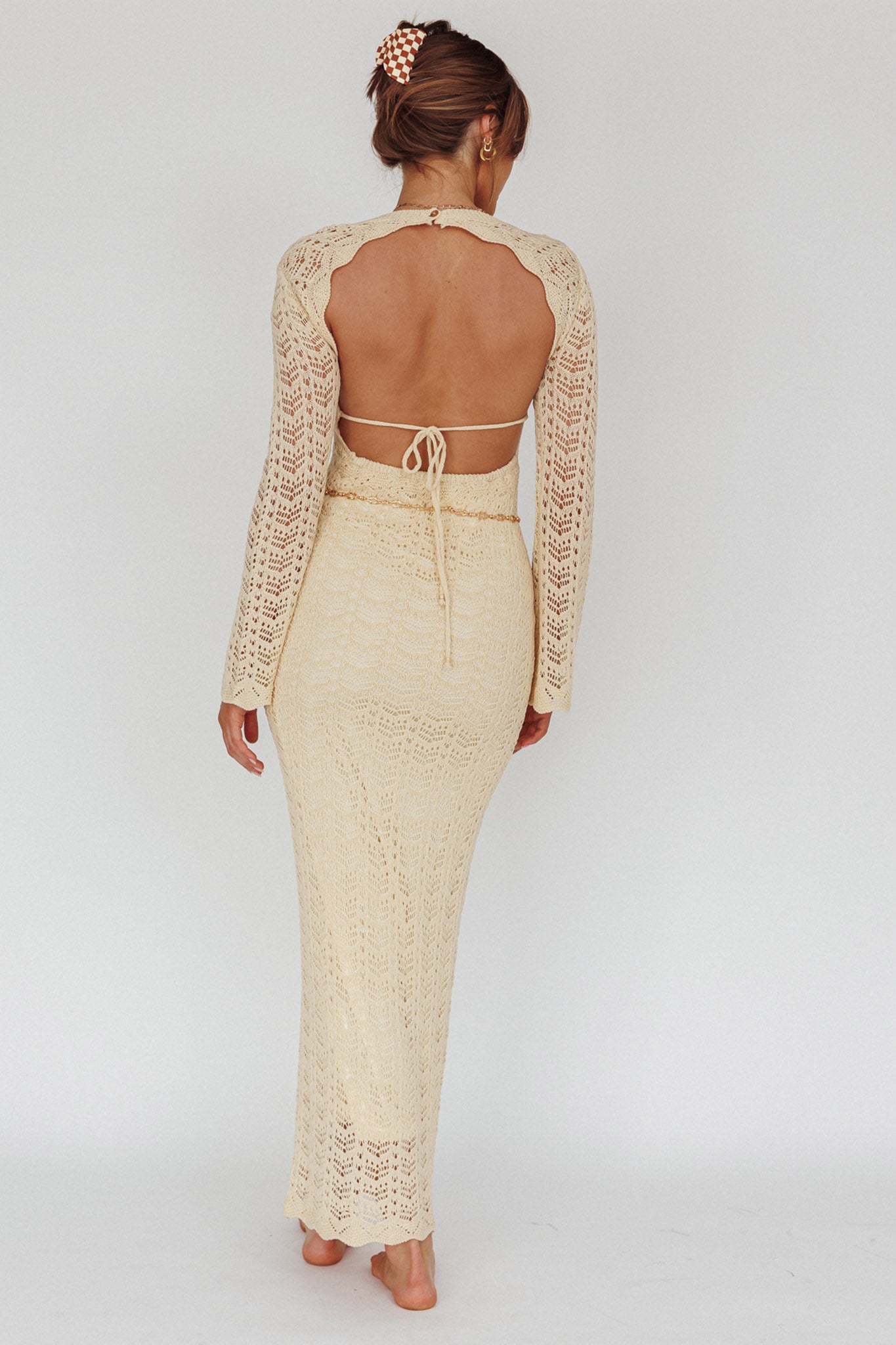 Shop the Hyland Open Back Crochet Maxi Dress Oat Selfie Leslie