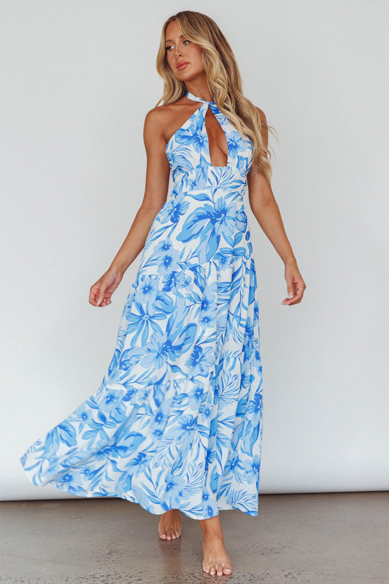 Keyhole Halter Maxi Dress - Fountain Blue