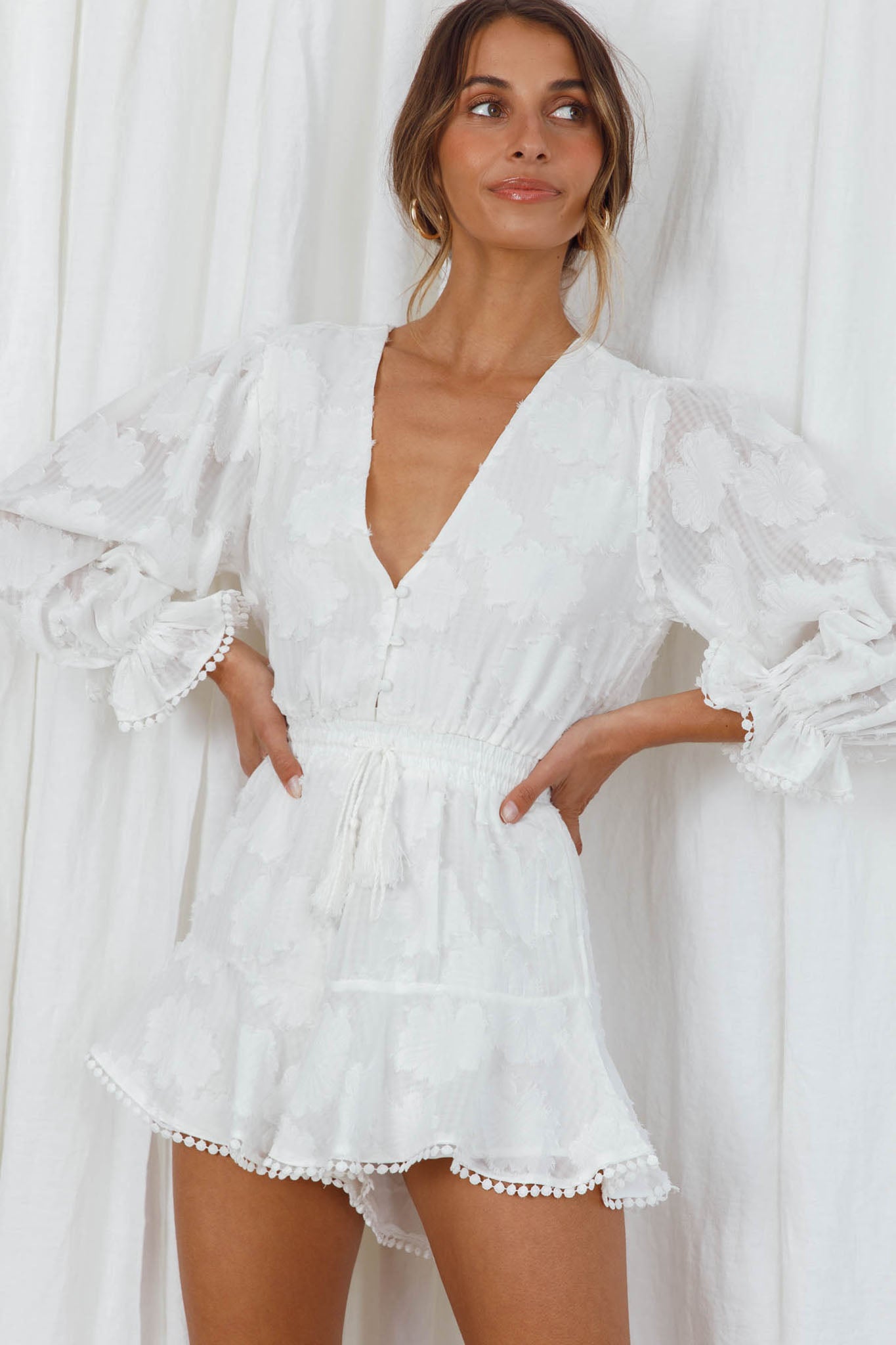 Shop the Live Free Button-Up Bodice Long Sleeve Romper White