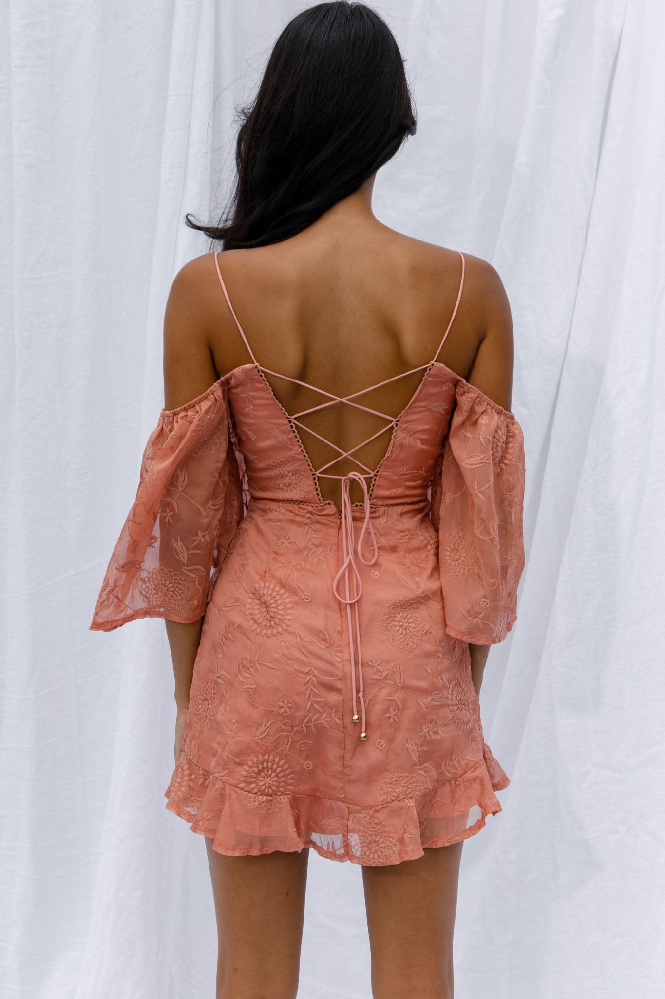 Shop the Koda Bell Sleeve Lace Up Back Mini Dress Peach Selfie Leslie