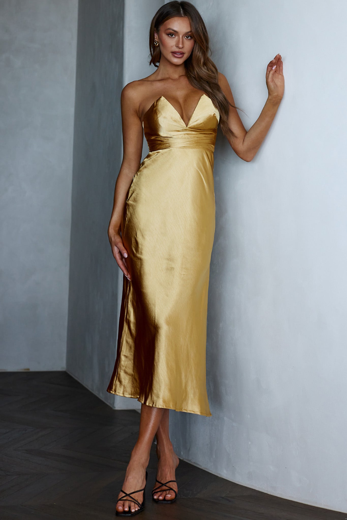 Shop the Ma Jolie Strapless Midi Dress Gold | Selfie Leslie