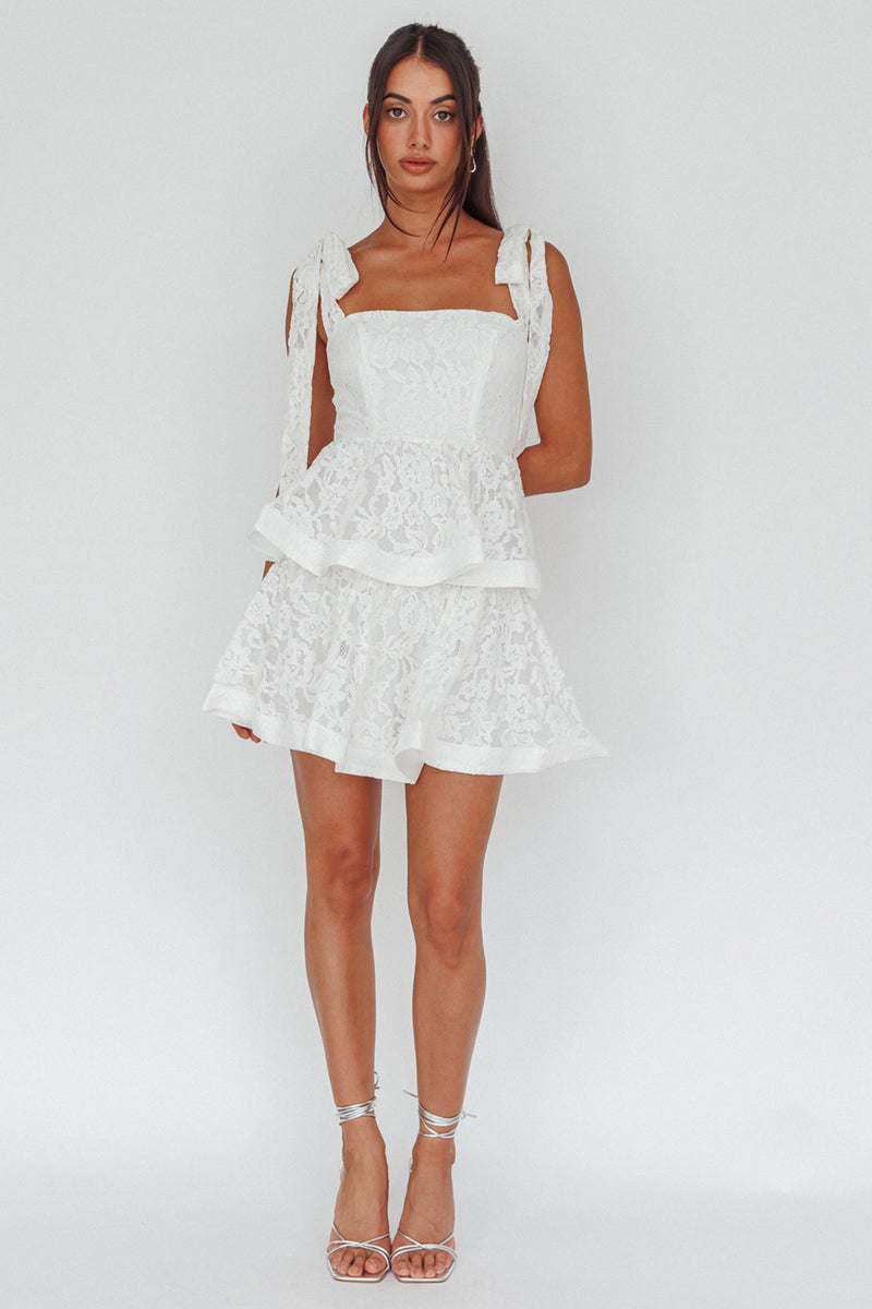 Shop the Neriah Tied Shoulder Tiered Lace Mini Dress White | Selfie Leslie