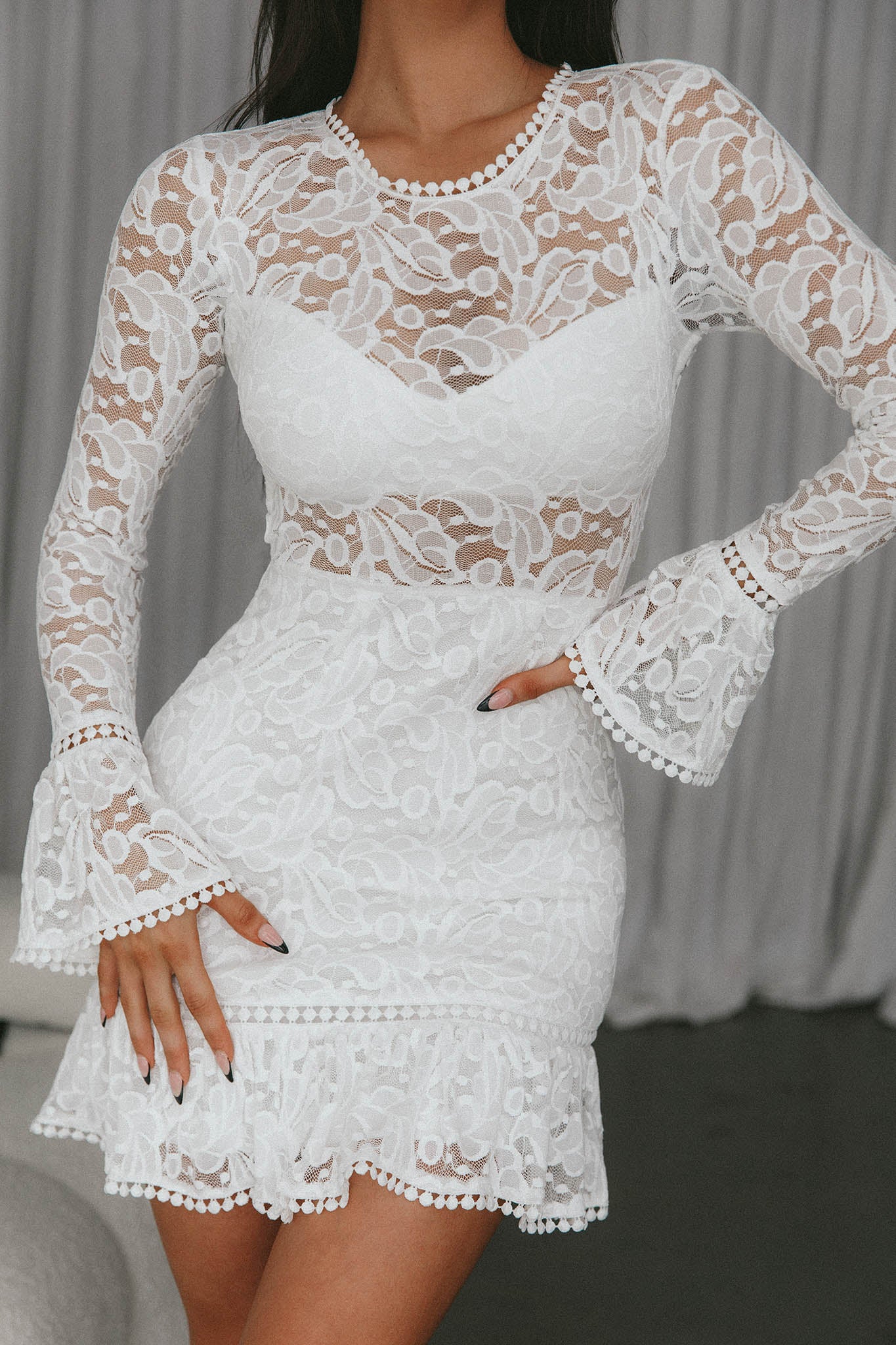 Shop the Elis Long Sleeve Buckle Dress Lace White | Selfie Leslie