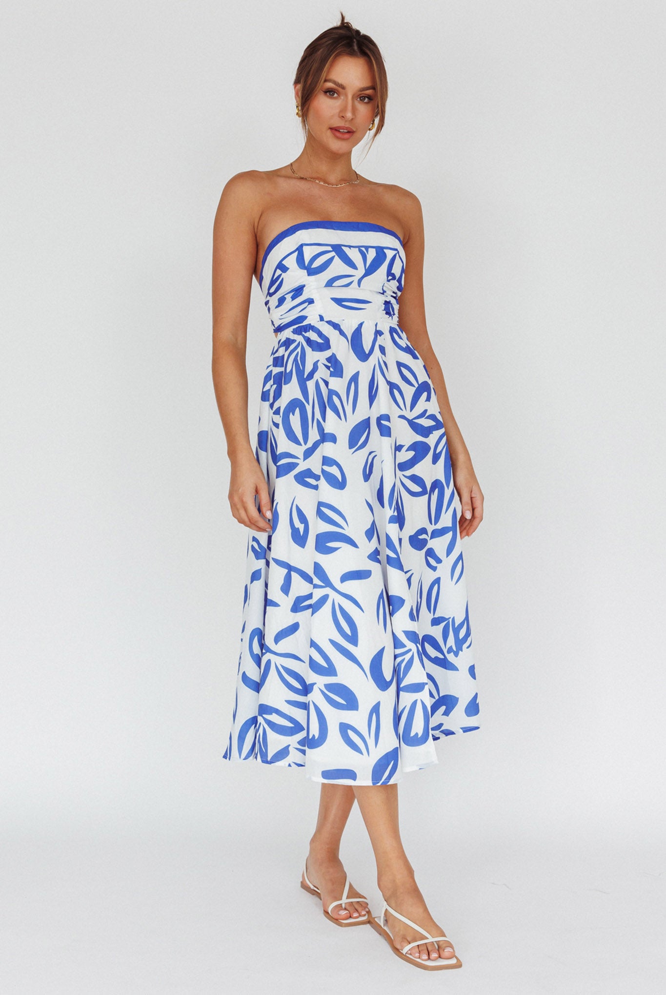 Shop the Randi Tie-Back Maxi Dress Leaf Print Blue | Selfie Leslie