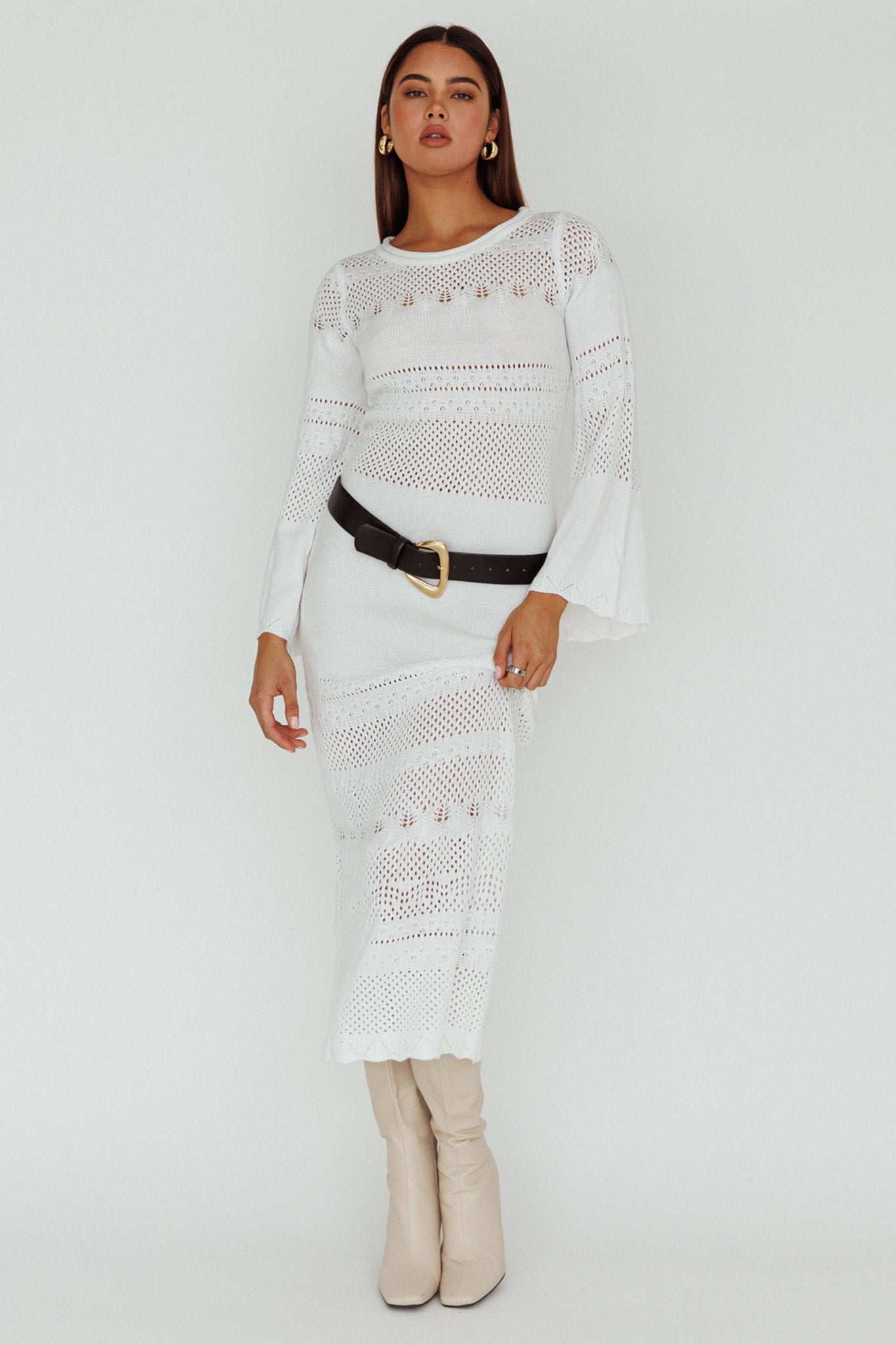 White crochet clearance sleeve midi dress