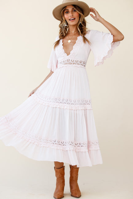 Shop the Indio Crochet Insert Deep V-Neckline Angel Sleeve Maxi Dress ...