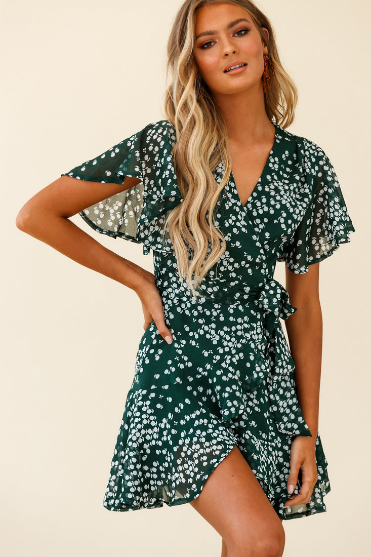 Shop the Cami Angel Sleeve Faux Wrap Dress Flower Print Forest Green ...