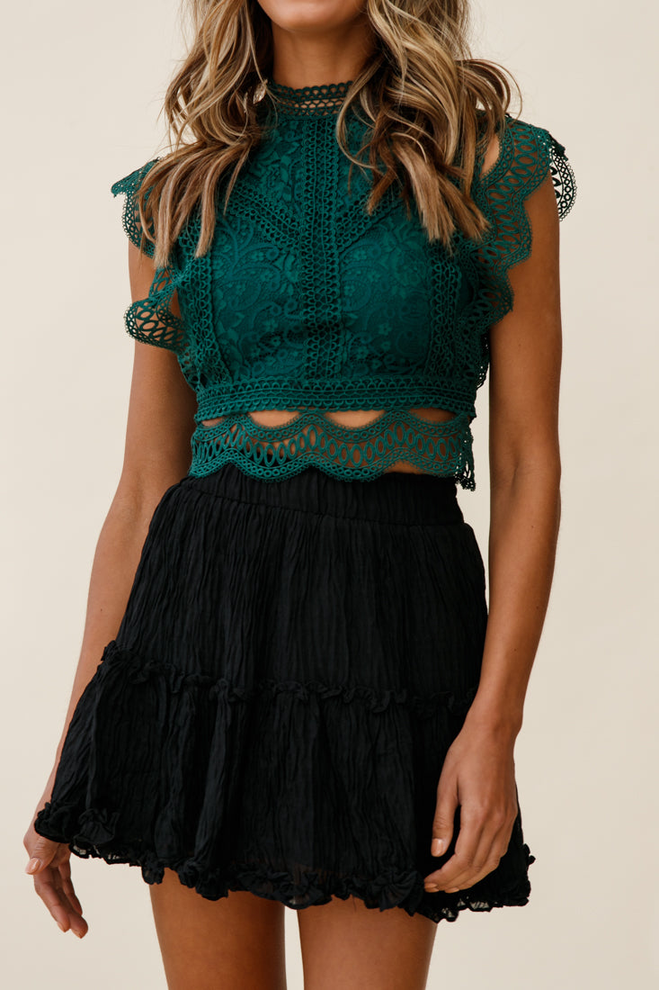 Straight Up High-Neck Lace Overlay Crop Top Forest Green