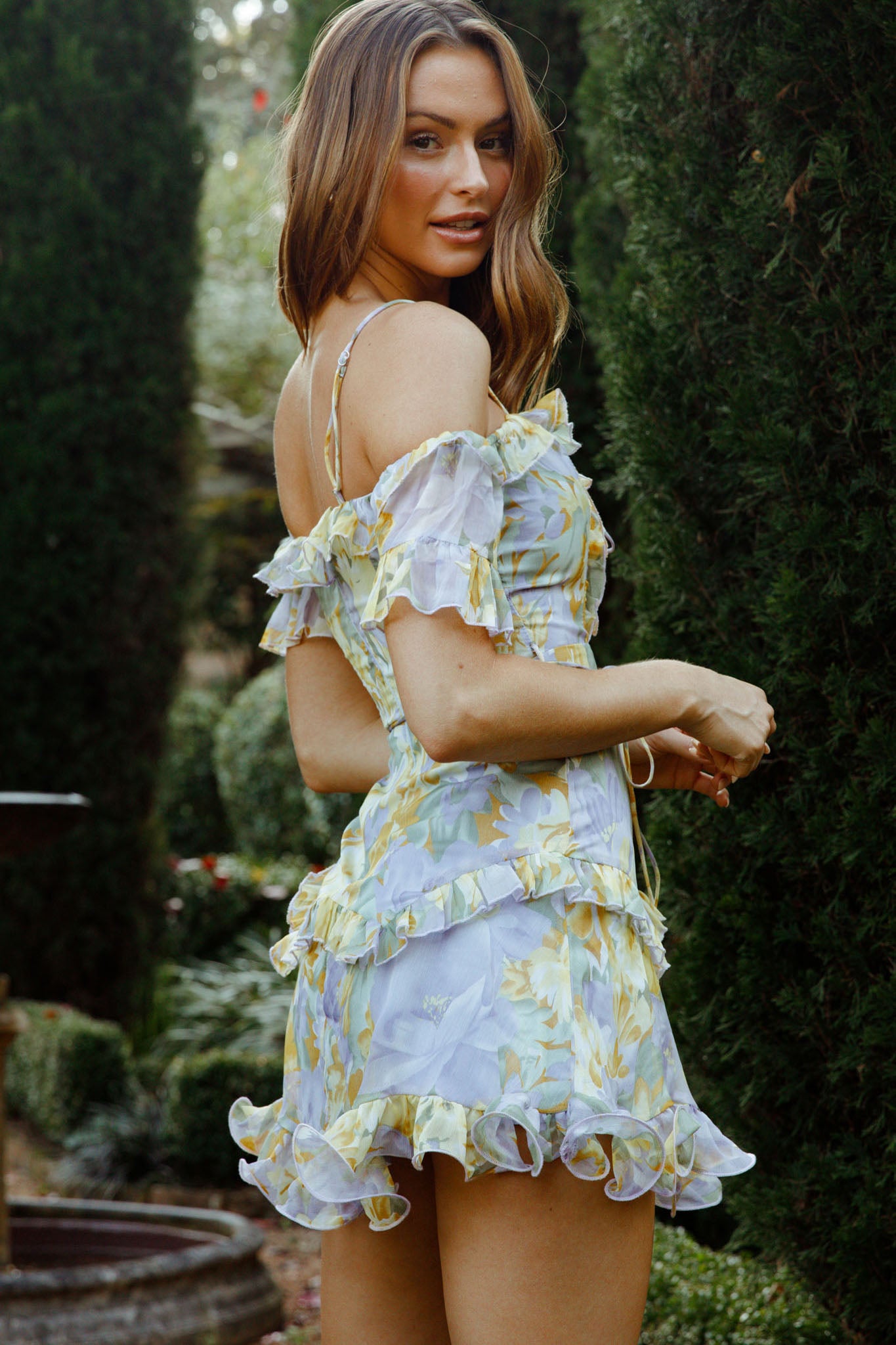 Shop the Maranda Bardot Lace-Up Bust Dress Floral Print Yellow | Selfie ...