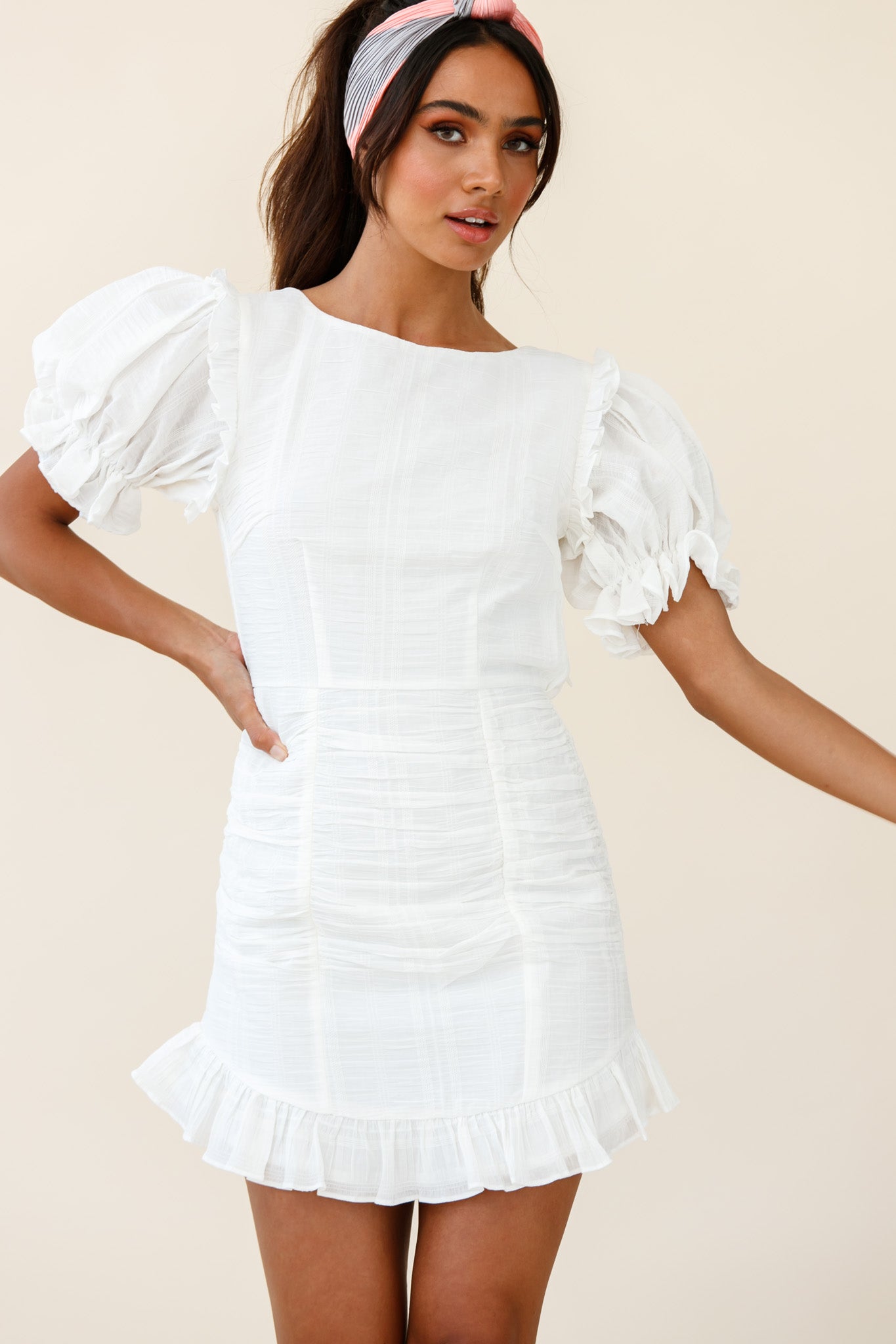 Shop the Icing On The Cake Open Back Ruched Dress White | Selfie Leslie