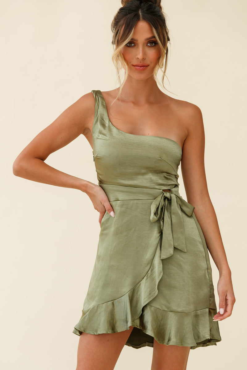 Shop the Waiting For Tonight One Shoulder Faux Wrap Dress Olive ...