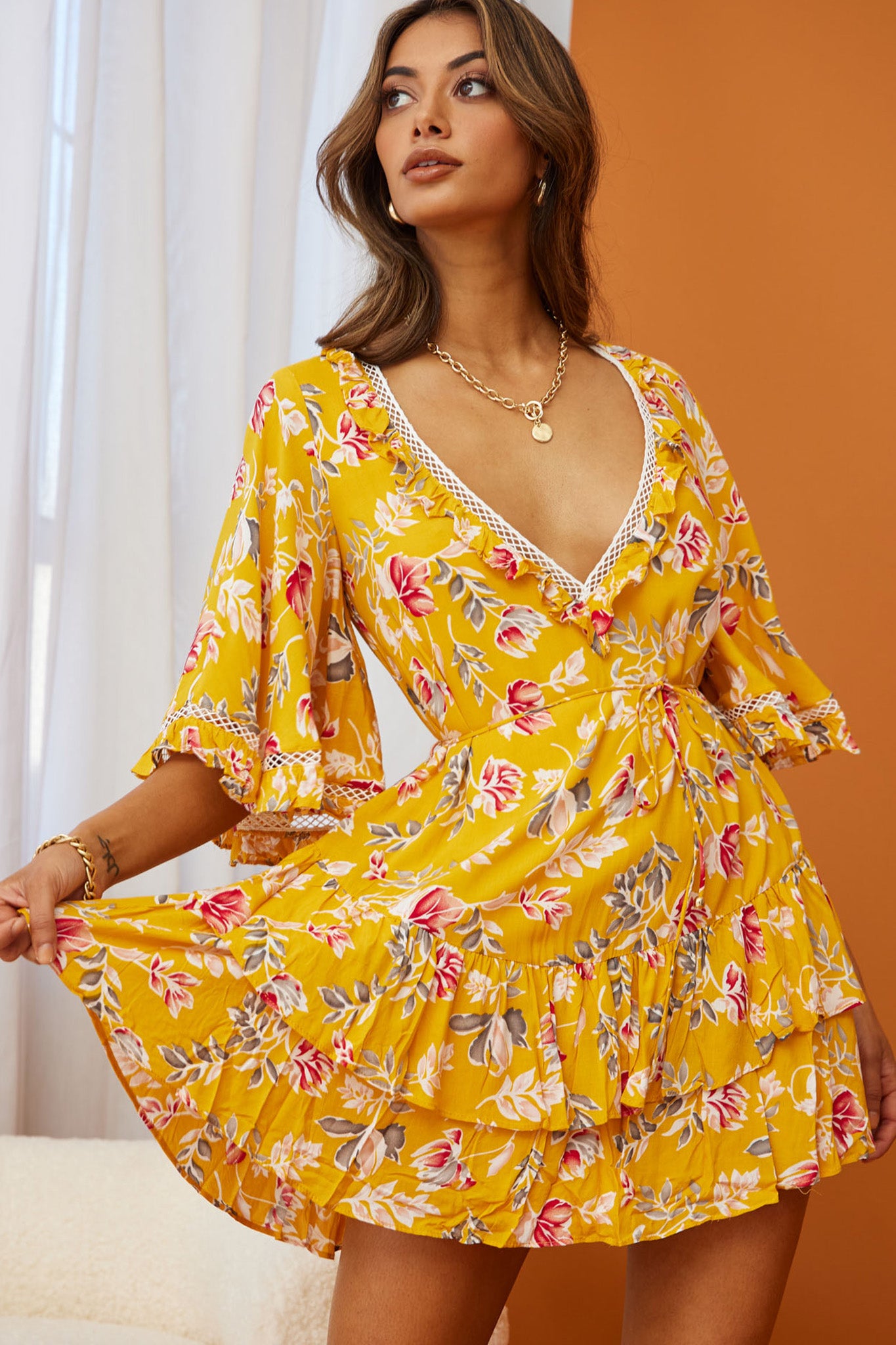 Shop the Lotus Crochet Trim Angel Sleeve Dress Floral Print Mustard ...