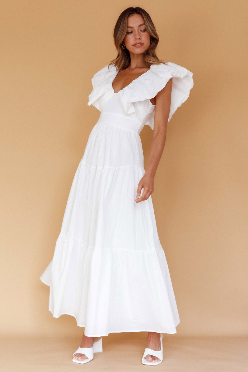 Shop the Kahlo Puffed Ruffle Neckline Maxi Dress White | Selfie Leslie