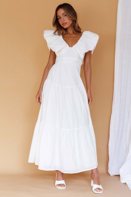 Shop the Kahlo Puffed Ruffle Neckline Maxi Dress White | Selfie Leslie