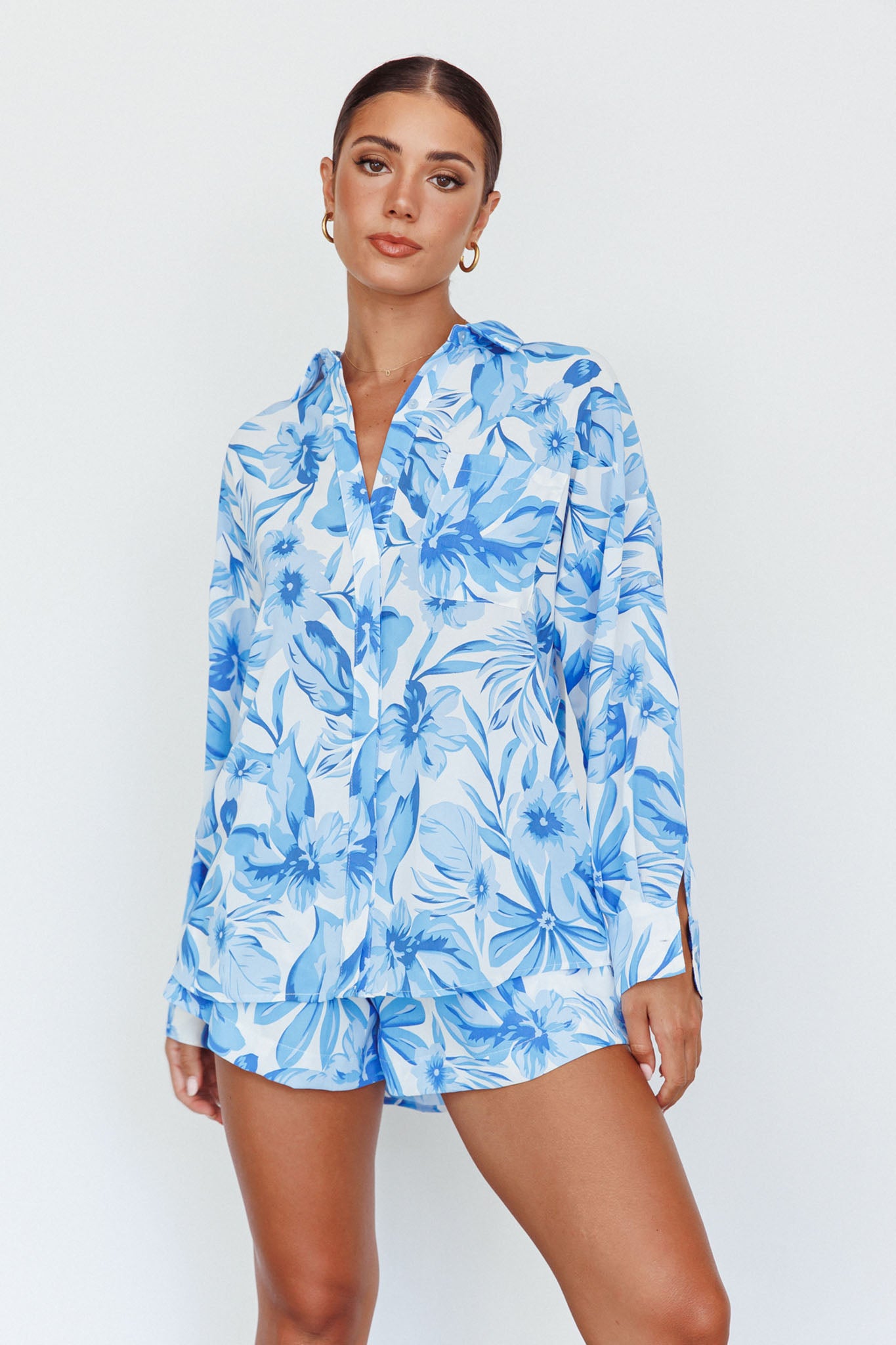 Shop the Home Stretch Button Up Shirt Tropical Blue | Selfie Leslie