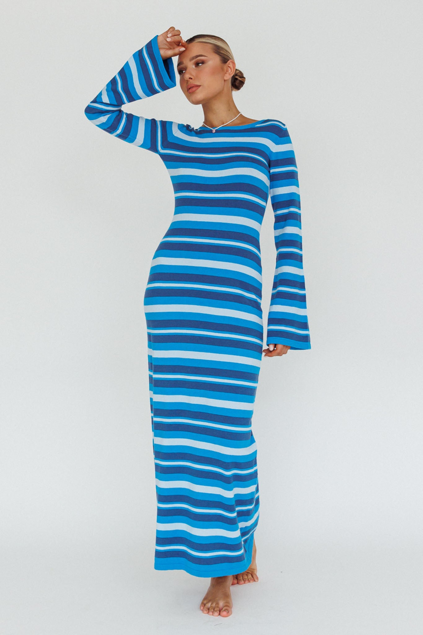 Blue fashion and white long sleeve maxi dress