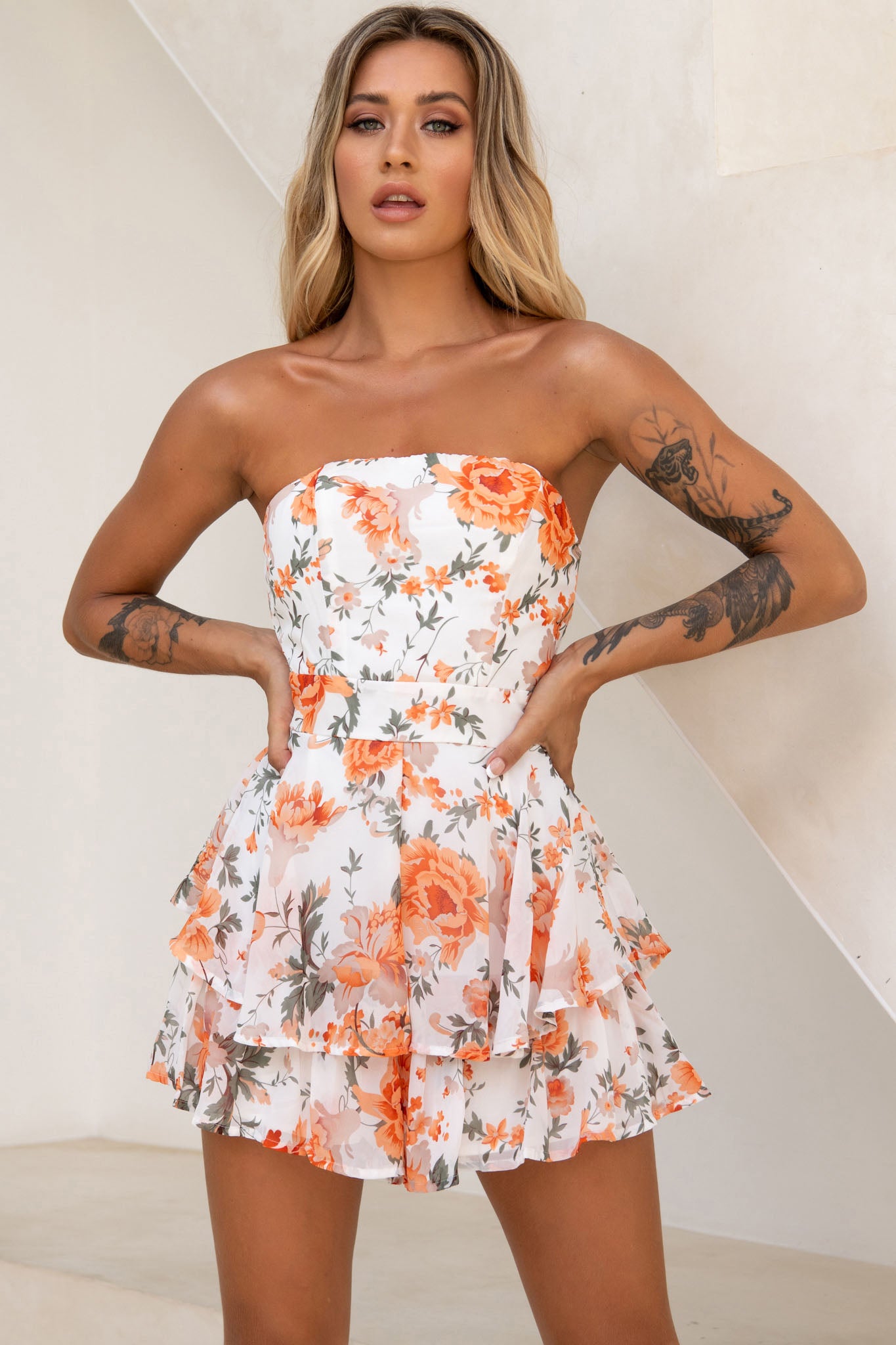 Maddox Fit & Flare Bandeau Romper Rose Print Orange