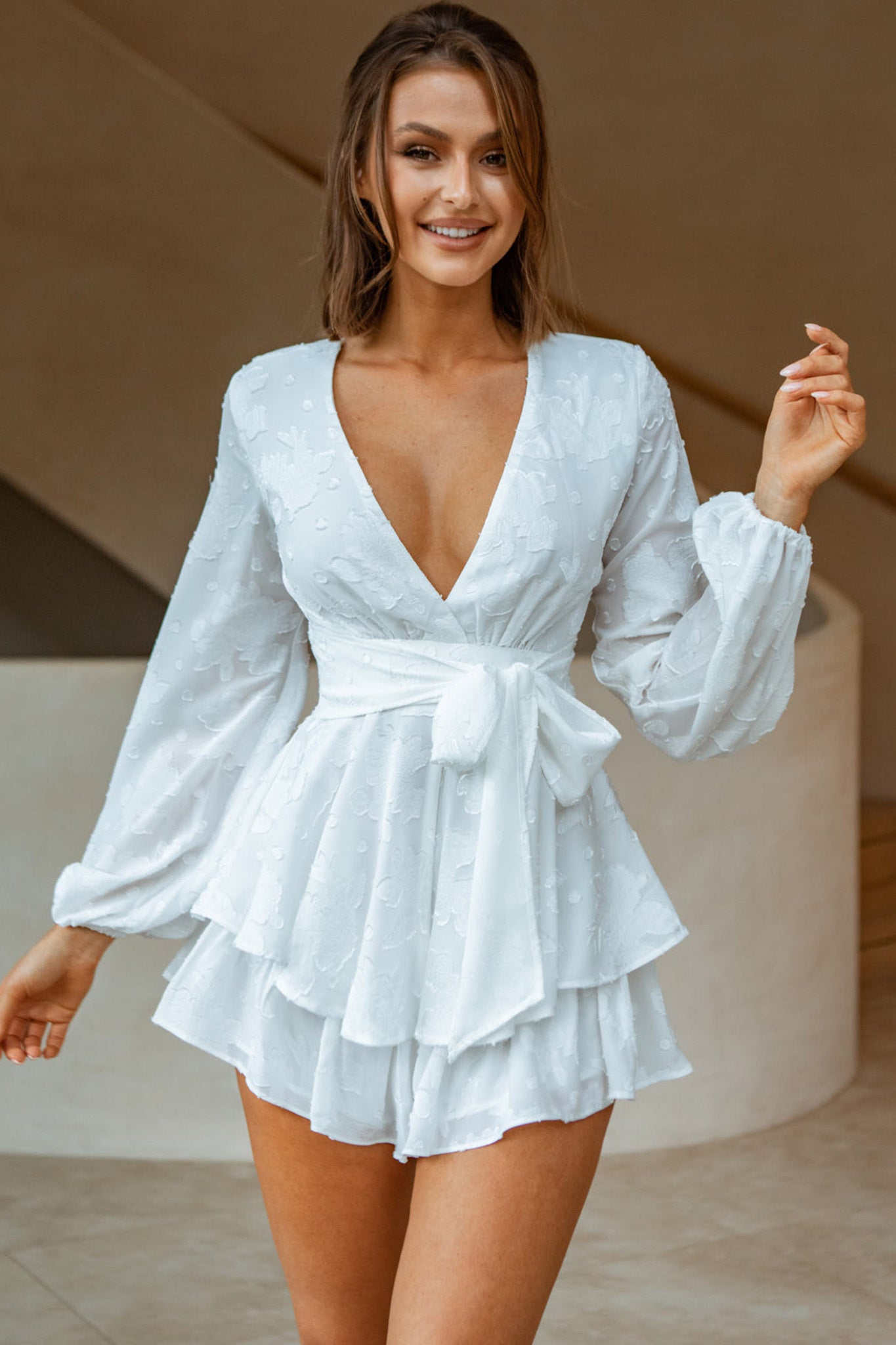 Maddox Fit & Flare Long Sleeve Romper White