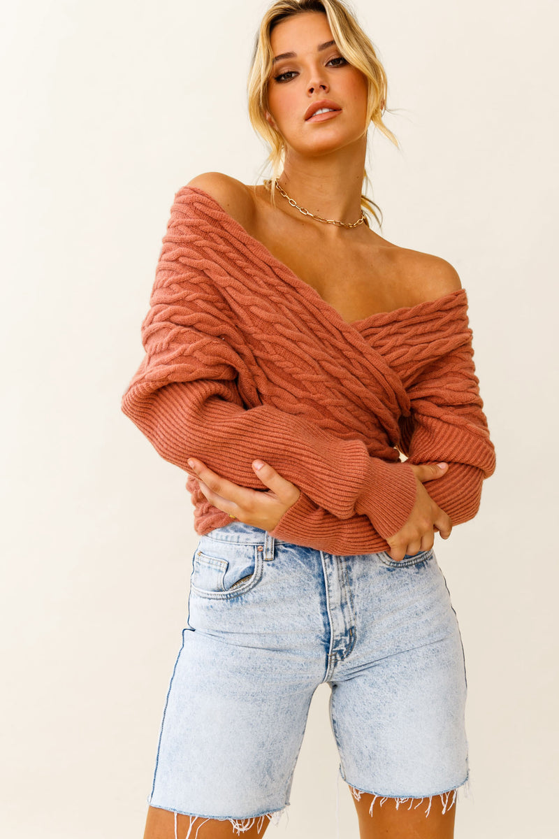 Shop the Heartstopper Off-Shoulder Wrap Knit Top Rose | Selfie Leslie