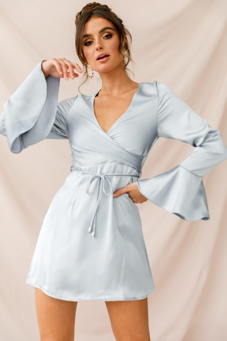 Shop the Nikki Flared Cuff Satin Dress Grey | Selfie Leslie