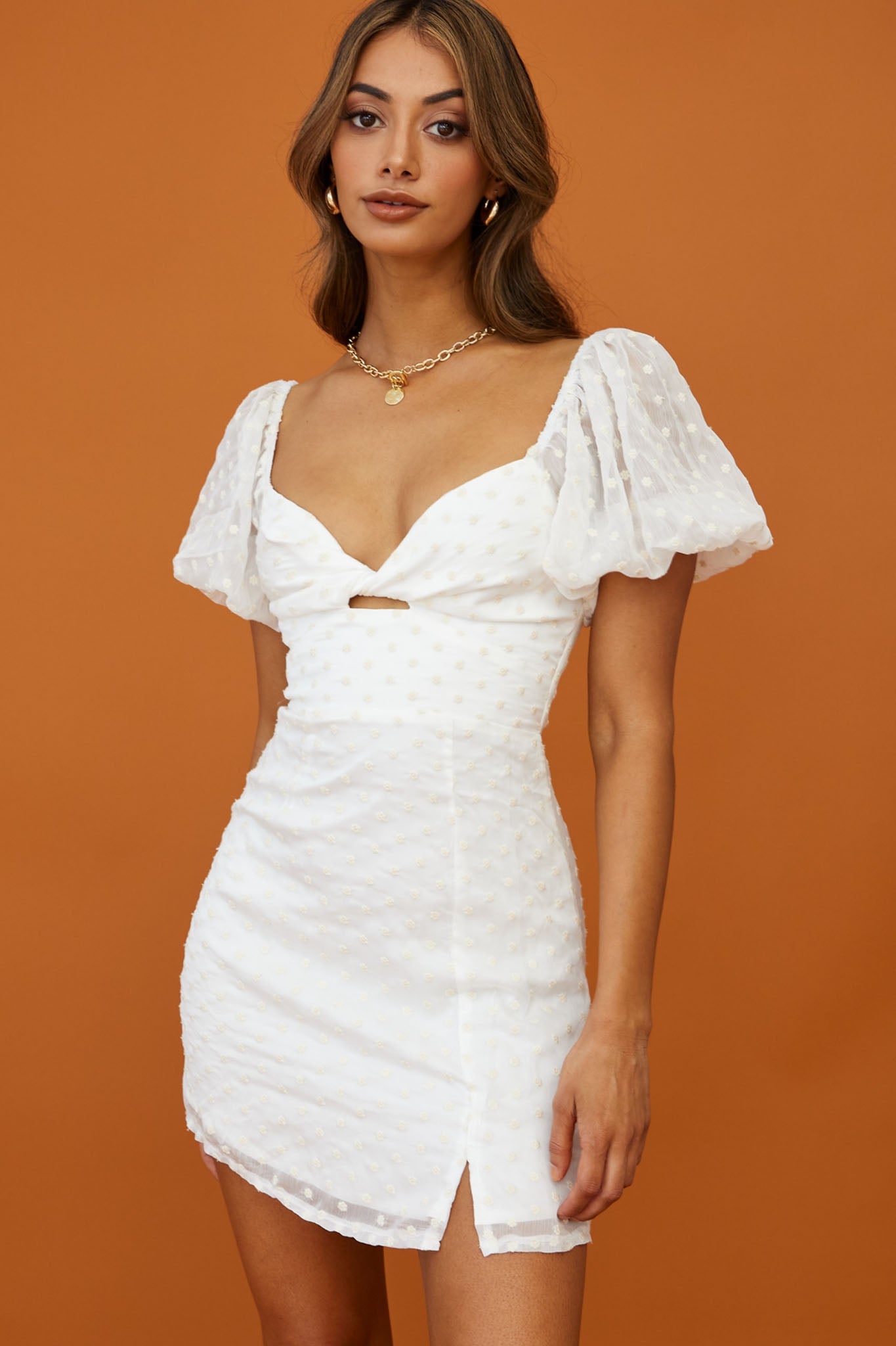 Shop the Molli Sheer Puff Sleeve Twist Feature Dress White