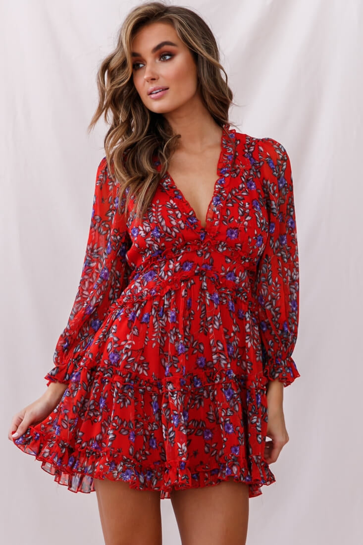 Shop the Laney Cutout Back Ruffle Trim Dress Red Floral | Selfie Leslie