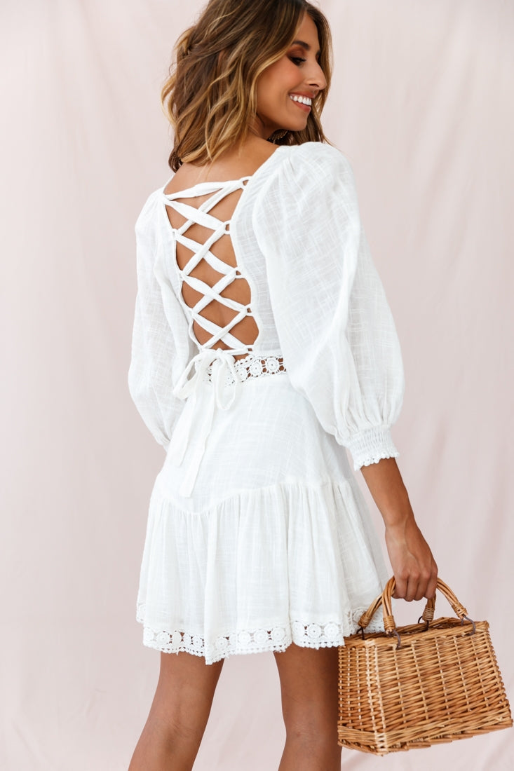 Shop the Sweetheart Corset-Back Lantern Sleeve Dress White | Selfie Leslie