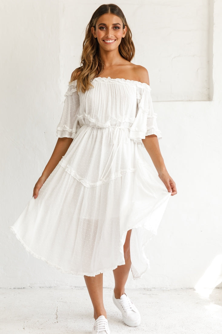 Shop the Renoir Off-Shoulder Frill Trim Midi Dress White | Selfie Leslie