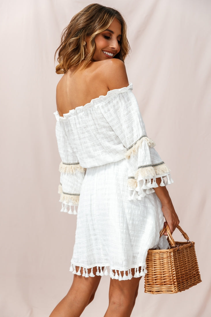 Shop the Maya Off-Shoulder Lined Tassel Dress White | Selfie Leslie