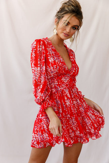 Shop the Laney Cutout Back Ruffle Detail Floral Dress Red | Selfie Leslie