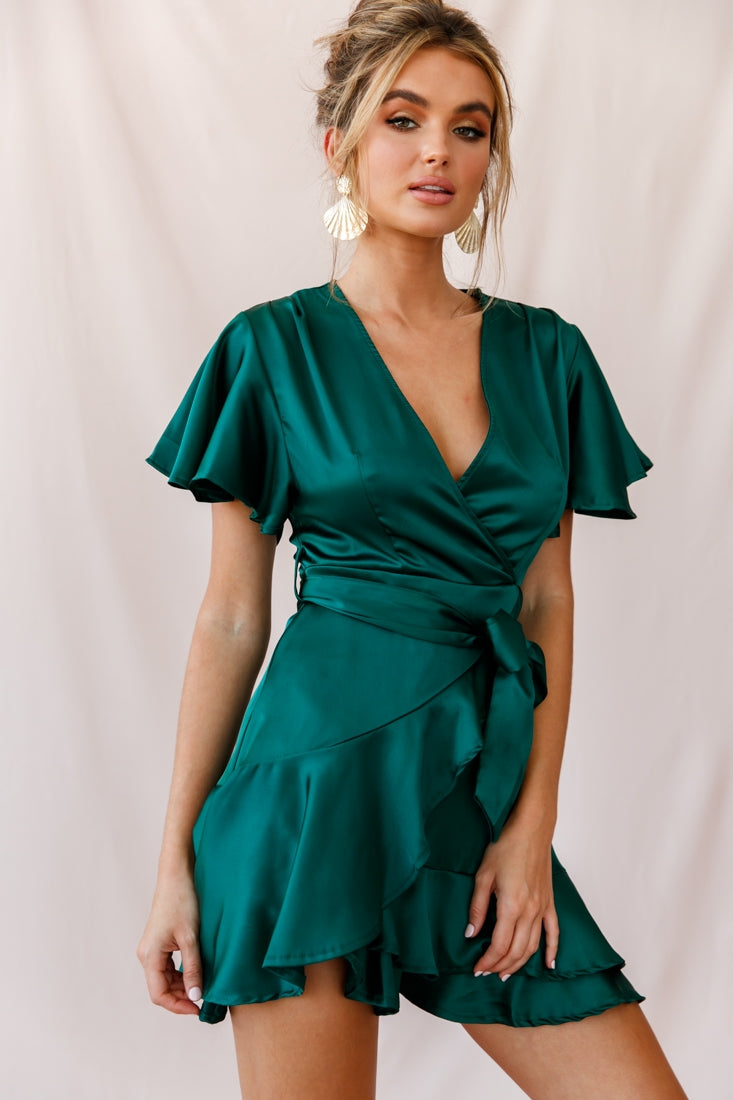 Shop the Cami Angel Sleeve Faux Wrap Dress Jade | Selfie Leslie