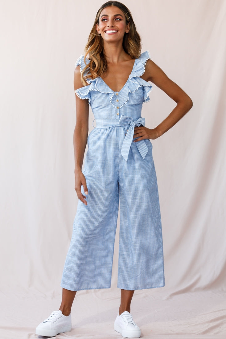 Shop the Danube Belted Waist Pinstripe Jumpsuit Blue | Selfie Leslie