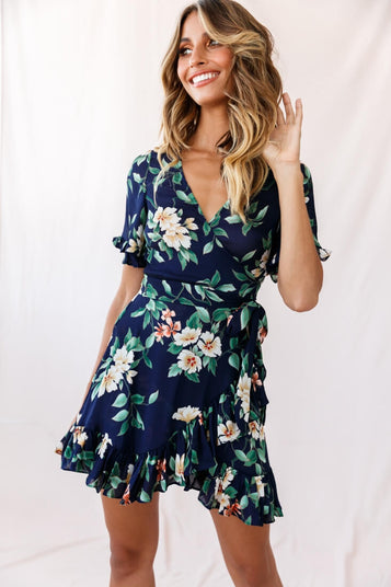 Shop the Omara Floral Wrap Ruffle Trim Dress Navy | Selfie Leslie