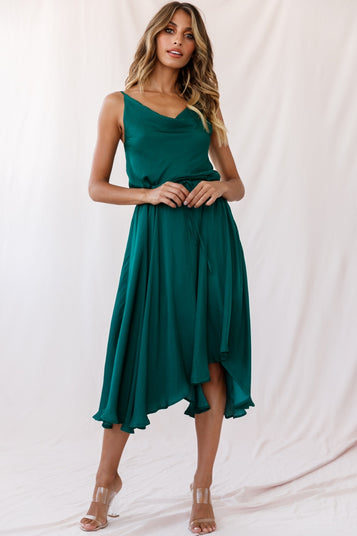 Shop the Ava Cowl Neck Drawstring Midi Dress Forest Green | Selfie Leslie