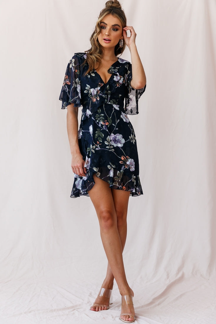 Shop the June Angel Sleeve Ruffle Detail Dress Navy | Selfie Leslie