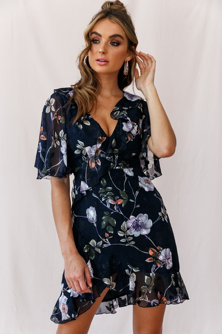 Shop the June Angel Sleeve Ruffle Detail Dress Navy | Selfie Leslie