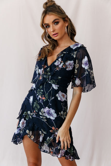 Shop the June Angel Sleeve Ruffle Detail Dress Navy | Selfie Leslie