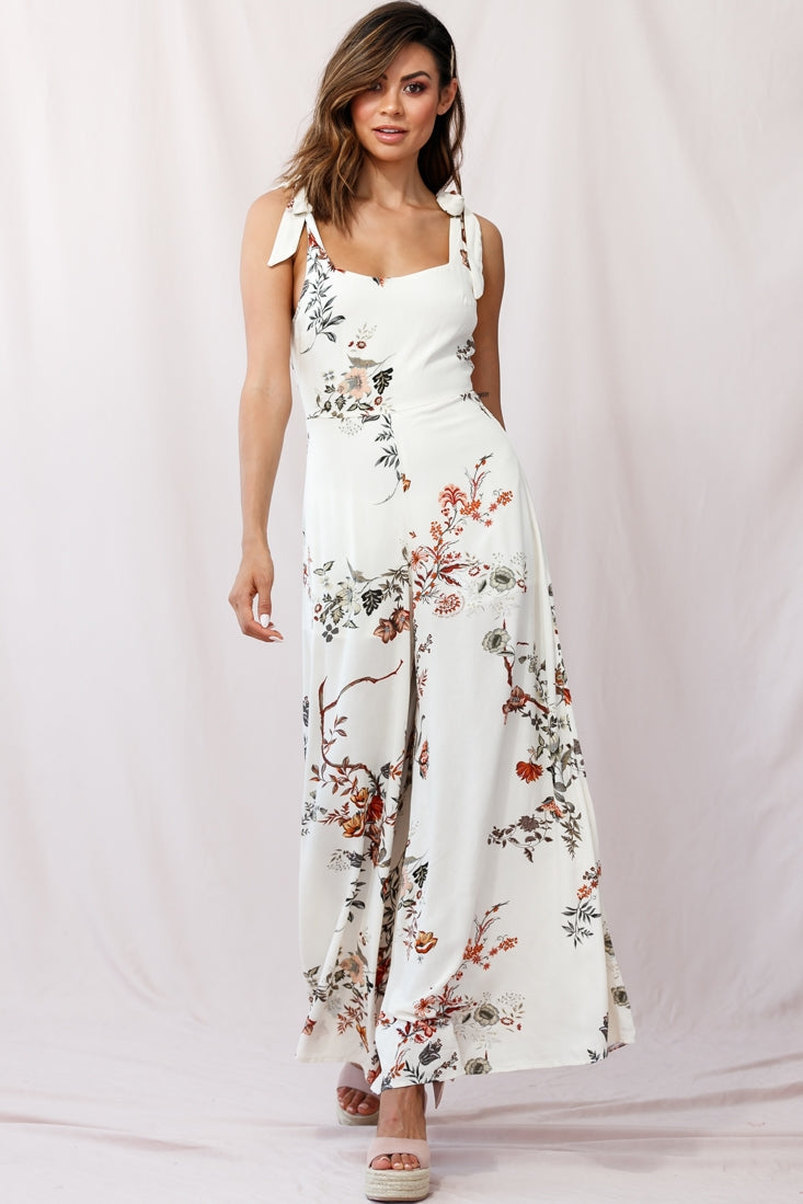 Shop the Therese Tied-Shoulder Wide Leg Jumpsuit Floral Print Beige ...